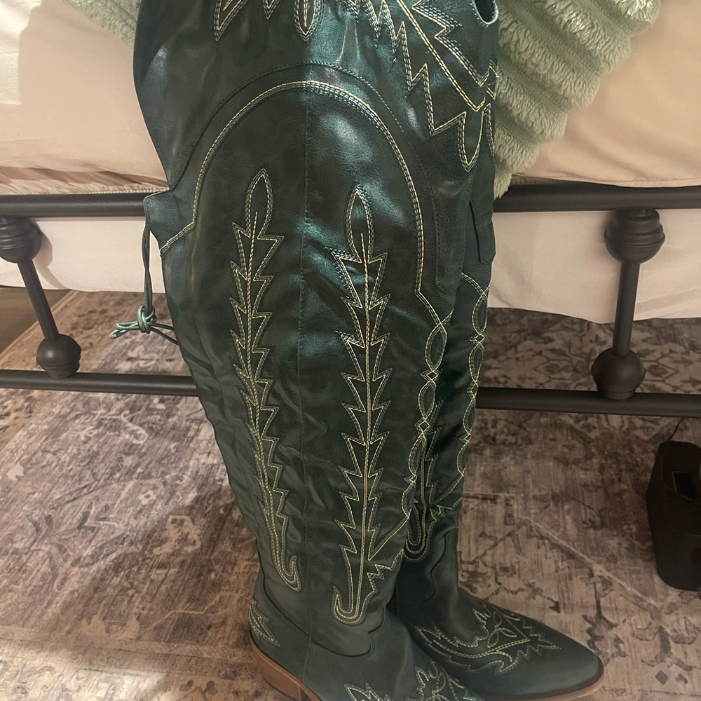 Teal Embroidered Knee-High Boots